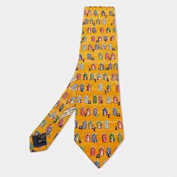 Pre Owned Ermenegildo Zegna Yellow Printed Silk Traditional Tie