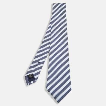 Pre Owned Ermenegildo Zegna Su Misura Blue Diagonal Stripe Patterned Silk Tie