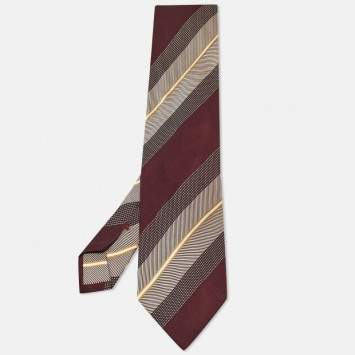 Pre Owned Ermenegildo Zegna Burgundy Striped Silk Traditional Tie 