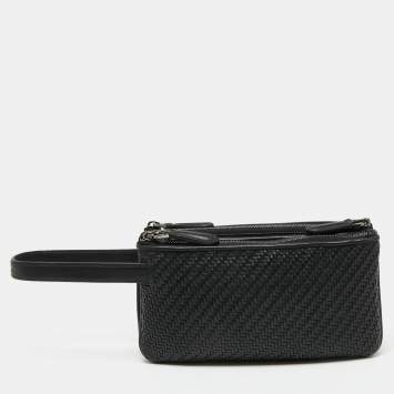 Pre Owned Ermenegildo Zegna Black Woven Leather Pelletessuta Zip Pouch 