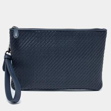 Pre Owned Ermenegildo Zegna Navy Blue Woven Leather Wristlet Pouch