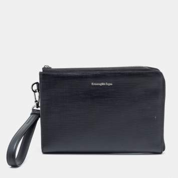 Pre Owned Ermenegildo Zegna Black Leather Wristlet Pouch