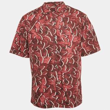 Pre Owned Ermenegildo Zegna Red Floral Print Cotton Short Sleeve Shirt L