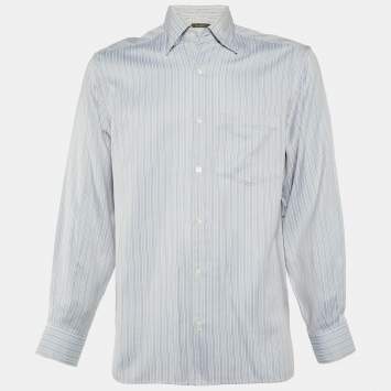 Pre Owned Ermenegildo Zegna Light Blue Striped Cotton Long Sleeve Shirt M