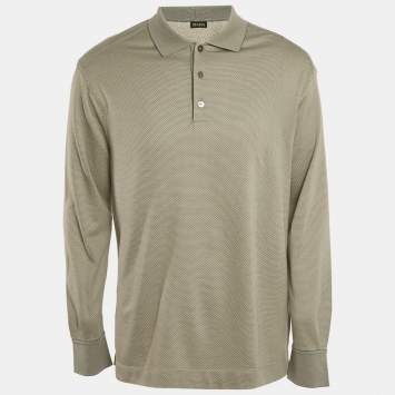 Pre Owned Zegna Grey Cotton & Silk Knit Long Sleeve Polo T-Shirt L