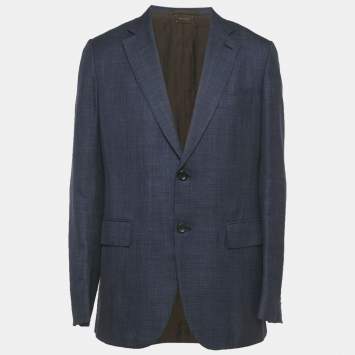 مملوكة مسبقًا Ermenegildo Zegna Navy Blue Checks Cotton Blend Blazer XXL