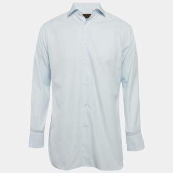 Pre Owned Ermenegildo Zegna Blue Pinstriped Cotton Shirt M