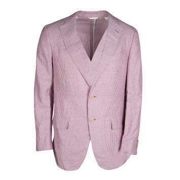 Pre Owned Ermenegildo Zegna Dark Pink and White Striped Linen Blend Resort Jacket L