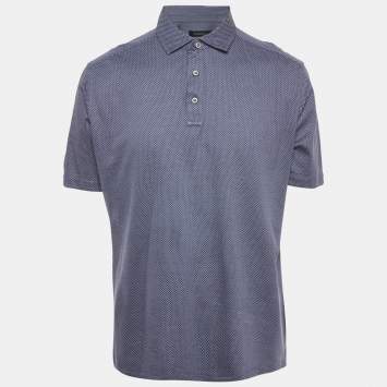 Pre Owned Ermenegildo Zegna Blue Patterned Cotton Knit Polo T-Shirt XXL