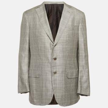 Pre Owned جاكيت بليزر إيرمنجلدو زينيا قصّة اعتيادية نمط رقعة الشطرنج أحادية اللون كبير جداً