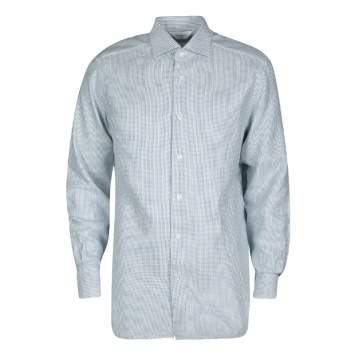 Pre Owned Ermenegildo Zegna Couture Blue and White Patterned Cotton Long Sleeve Shirt XL