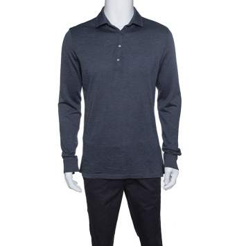 Pre Owned Ermenegildo Zegna Grey Wool and Silk Knit Long Sleeve Polo T-Shirt M