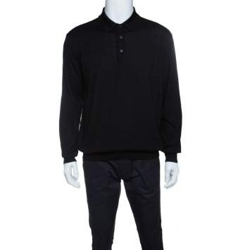Pre Owned Ermenegildo Zegna Black Cashseta Light  Ribbed Trim Collared Sweater XXL