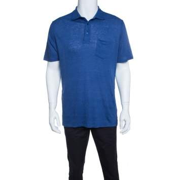 Pre Owned Ermenegildo Zegna Blue Slub Linen Short Sleeve Polo T-Shirt L