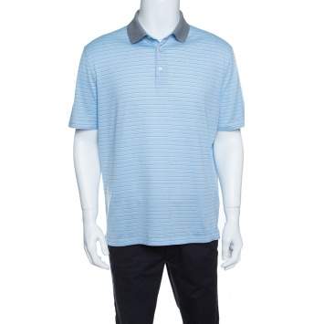 Pre Owned Ermenegildo Zegna Sky Blue Striped Cotton Contrast Collar Polo T-Shirt XXL