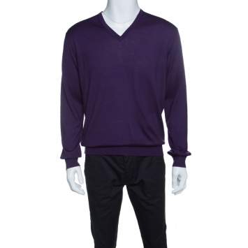 Pre Owned Ermenegildo Zegna Purple Cashseta Light Ribbed Trim V-Neck Sweater L