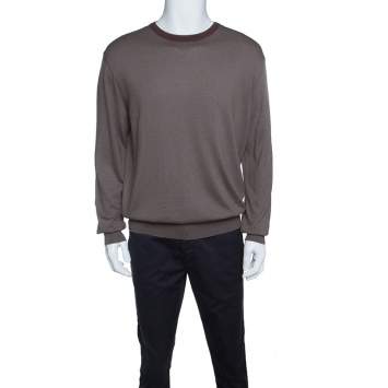 Pre Owned Ermenegildo Zegna Brown and Grey Contrast Crew Neck Sweater XXL