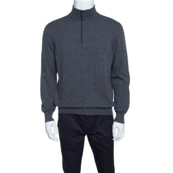 Pre Owned Ermenegildo Zegna Grey Premium Cashmere Zip Detail Ribbed Trim Sweater M