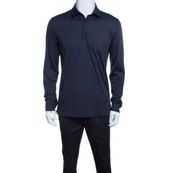 Pre Owned Ermenegildo Zegna Navy Blue Wool Cotton Knit long Sleeve Polo T-Shirt S