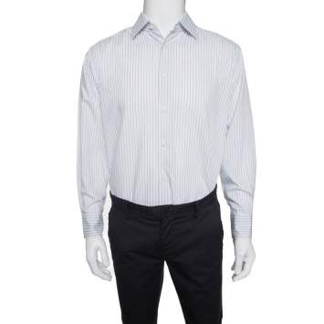 Pre Owned Ermenegildo Zegna Light Blue and Brown Striped Cotton Regular Fit Shirt L