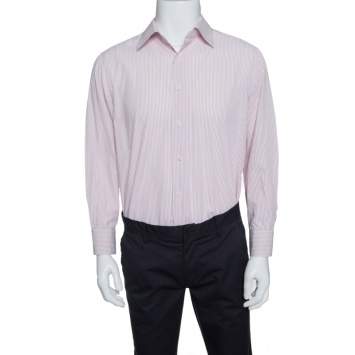 Pre Owned Ermenegildo Zegna White and Pink Striped Cotton Slim Fit Shirt XXL