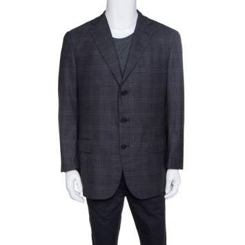 Pre Owned Ermenegildo Zegna Dark Grey Tartan Plaid Wool Blazer XXL