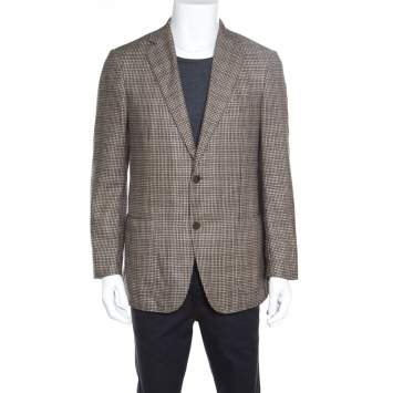 Pre Owned Ermenegildo Zegna Brown Silk and Cashmere Hounsdtooth Easy Fit Mila Blazer L