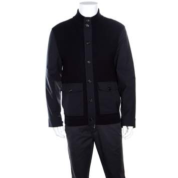 Pre Owned Ermenegildo Zegna High Performance Navy Blue Wool Leather Trim Detail Zip Front Cardigan S