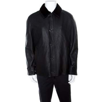 Pre Owned Ermenegildo Zegna Black Mink Fur Collar Detail Zip Front Deer Leather Jacket 3XL