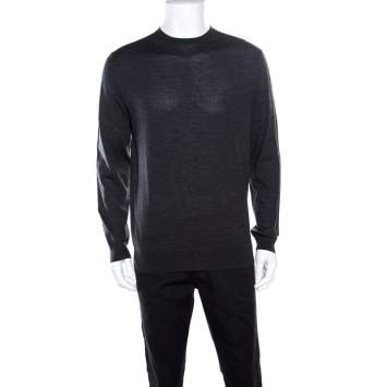 Pre Owned Ermenegildo Zegna High Performance Dark Grey Ribbed Trim Sweater L
