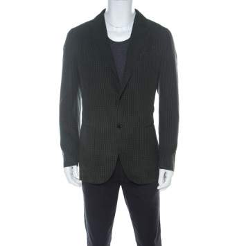Pre Owned Ermenegildo Zegna Dark Green Checkered Seersucker Silk Regular Fit Blazer L 
