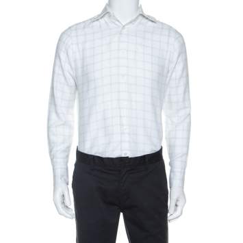 Pre Owned Ermenegildo Zegna Premium White Windowpane Check Cotton Shirt L