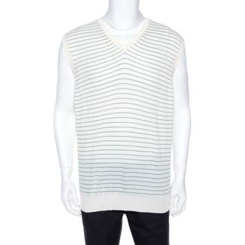 Pre Owned Ermenegildo Zegna Off White Striped Knit Sleeveless Jumper XL