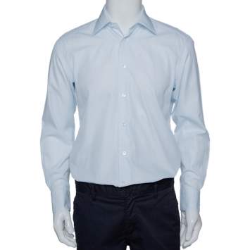 Pre Owned Ermenegildo Zegna Light Blue Textured Cotton Tailored Fit Shirt M