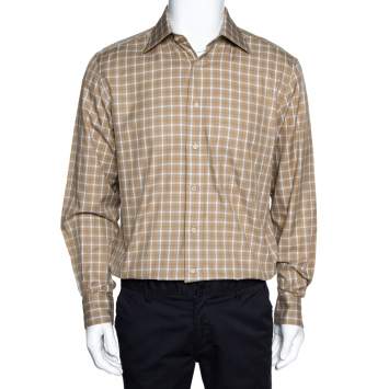 Pre Owned Ermenegildo Zegna Beige Checked Cotton Long Sleeve Shirt M