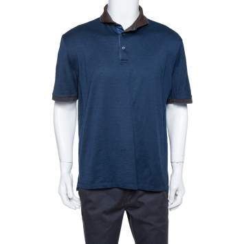 Pre Owned Ermenegildo Zegna Navy Blue Striped Knit Contrast Collar Detail Polo T Shirt 3XL