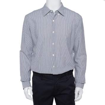 Pre Owned Ermenegildo Zegna White & Grey Crinkled Cotton Button Front Shirt XL