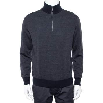 Pre Owned Ermenegildo Zegna Navy Blue Wool and Cashmere Leather Zipper Front Detail Sweater XXL