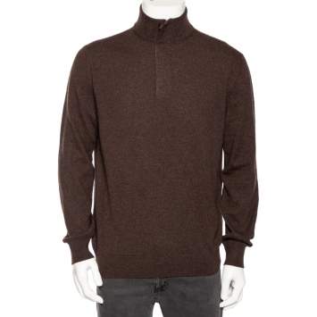 Pre Owned Ermenegildo Zegna Brown Premium Cashmere Zip Detail Sweater XXL