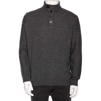 Pre Owned Ermenegildo Zegna Grey Cashmere Buttoned Mock Neck Sweater XL