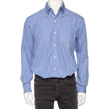 Pre Owned Ermenegildo Zegna Blue Striped Cotton Buttoned-Down Shirt L 