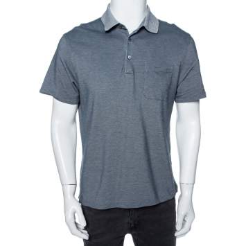 Pre Owned Ermenegildo Zegna Grey Cotton Pique Contrast Collar Detail Polo T-Shirt L 