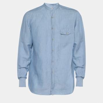 Pre Owned Ermenegildo Zegna Blue Linen Blend Mandarin Collar Shirt L
