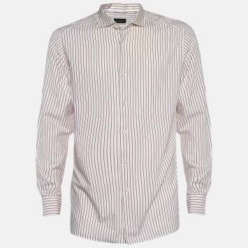 Pre Owned Ermenegildo Zegna White and Red Striped Cotton Long Sleeve Shirt XL
