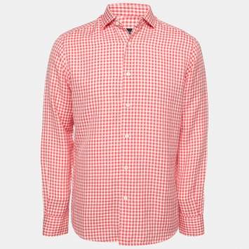 Pre Owned Ermenegildo Zegna Red Checked Cotton & Linen Button Front Shirt M