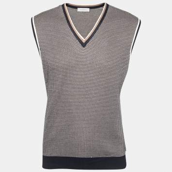 Pre Owned Ermenegildo Zegna Navy Blue & Brown Silk Knit V-Neck Gillet L