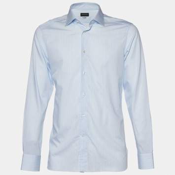 Pre Owned Ermenegildo Zegna Light Blue Striped Cotton 100Fili Tailored Fit Shirt L