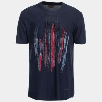 Pre Owned Ermenegildo Zegna Navy Blue Flock Patterned Short Sleeve T-Shirt XXL