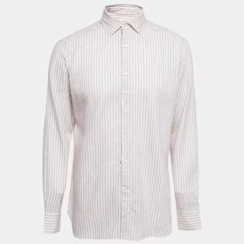 Pre Owned Ermenegildo Zegna White Striped Cotton Blend Button Front Full Sleeve Shirt XL