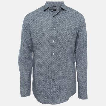 Pre Owned Ermenegildo Zegna Blue Printed and Textured Cotton Shirt M